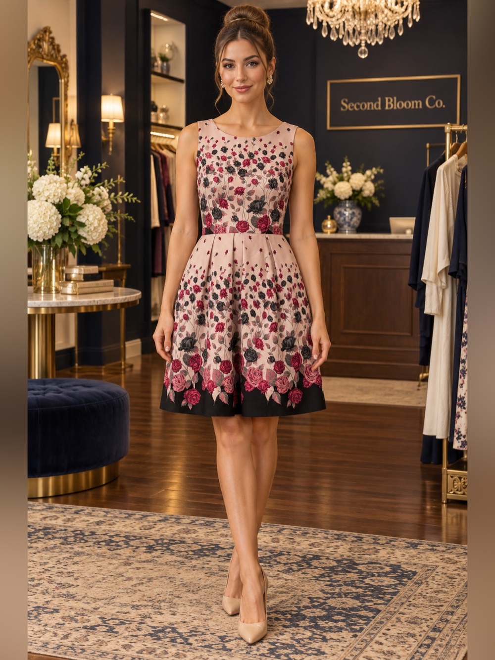 Alison Andrews Rose Floral Fit & Flare Dress Size Medium Pink Black 💛B1G2 FREE💛